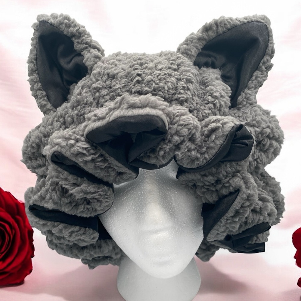 Handmade Gray Sherpa Wolf Hair Bonnet with Black Satin Lining